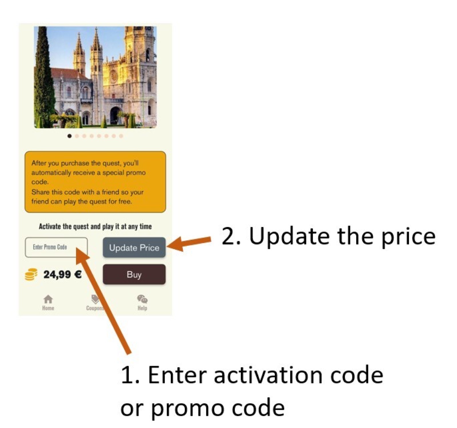 Live History app showing the tour price and details