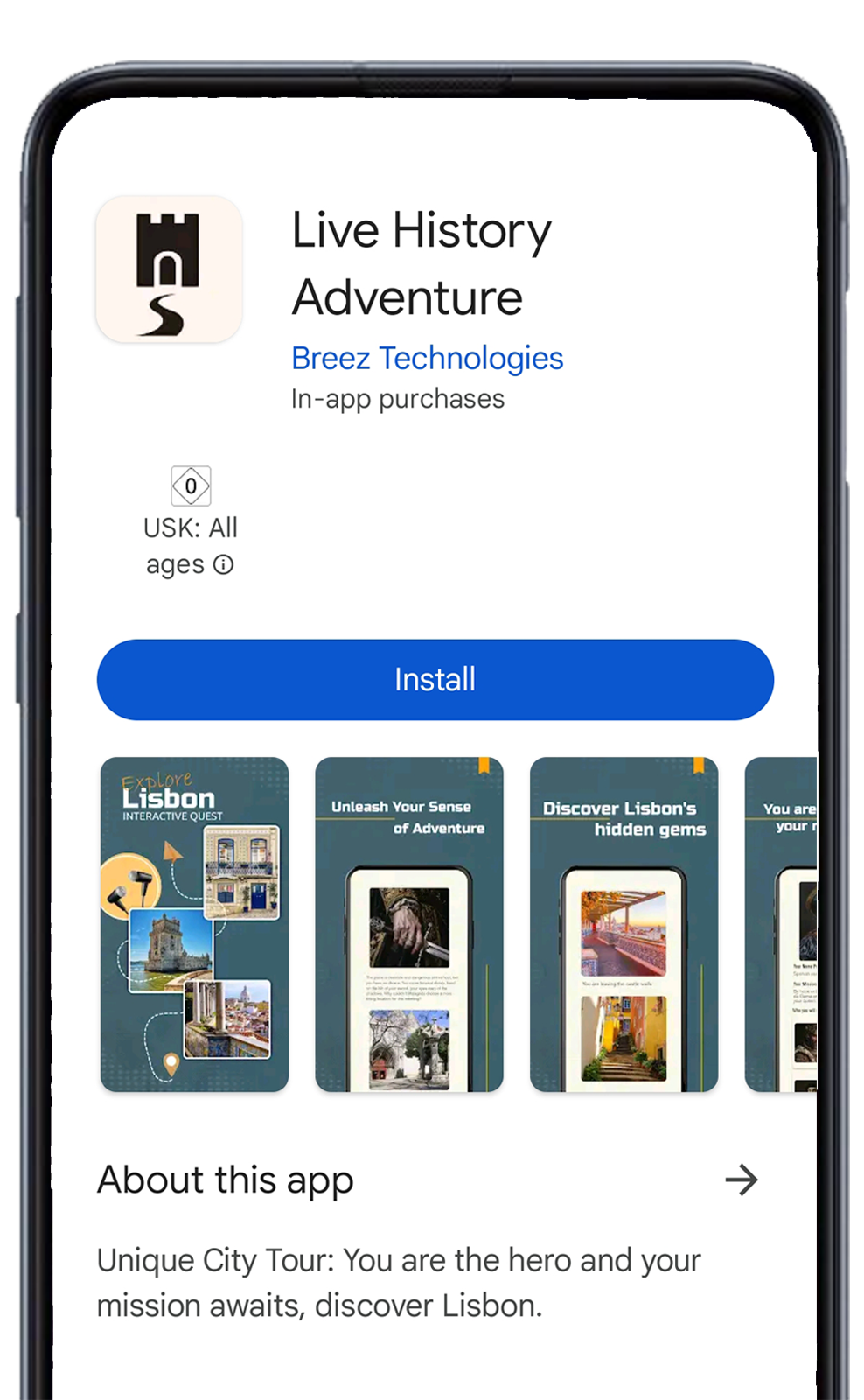 Live History Adventure app install screen on a phone