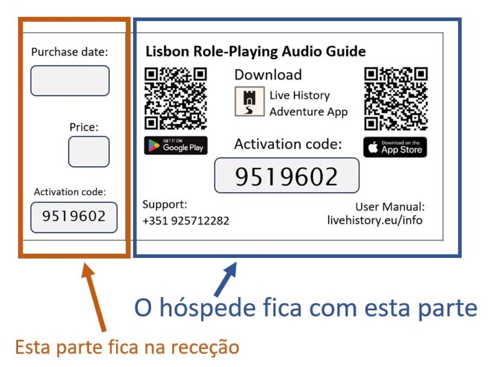 Estrutura do bilhete dividido em duas partes