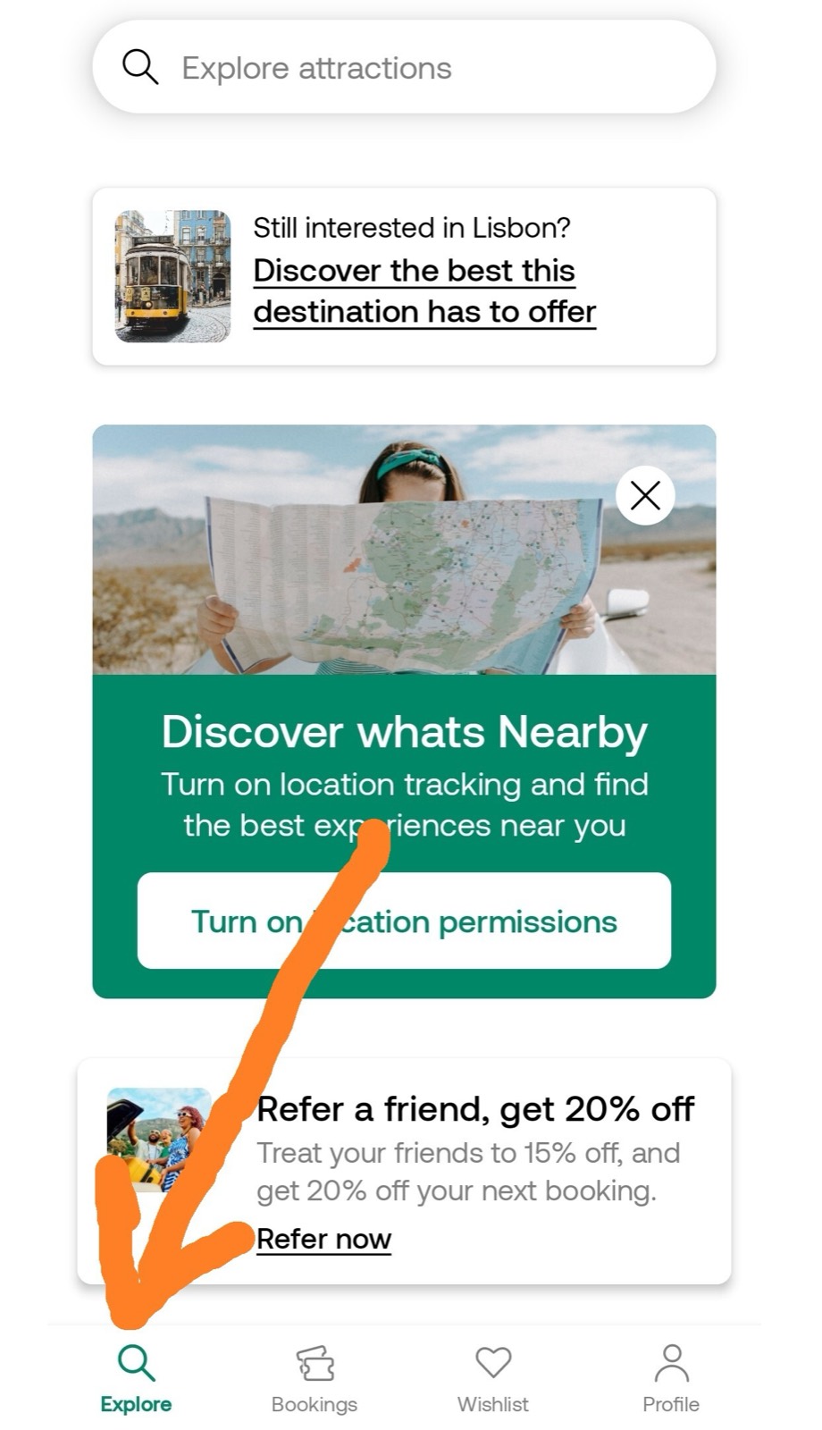 Меню Explore в приложении Viator
