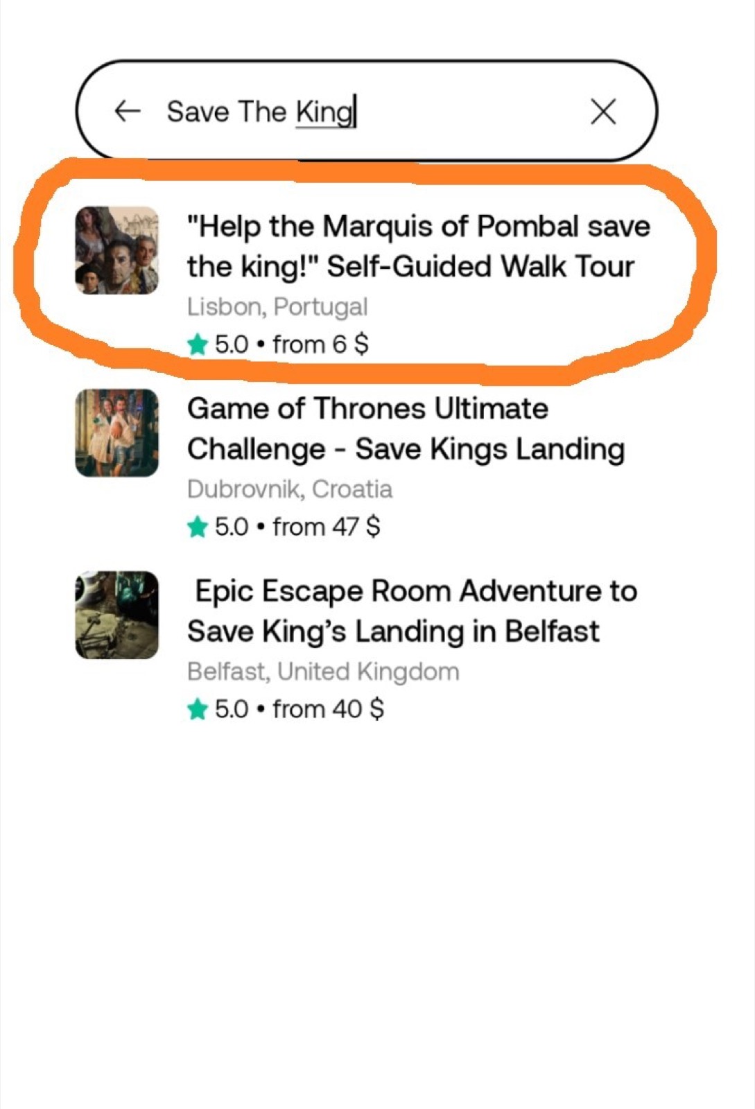 Поиск тура «Save the king» в Viator